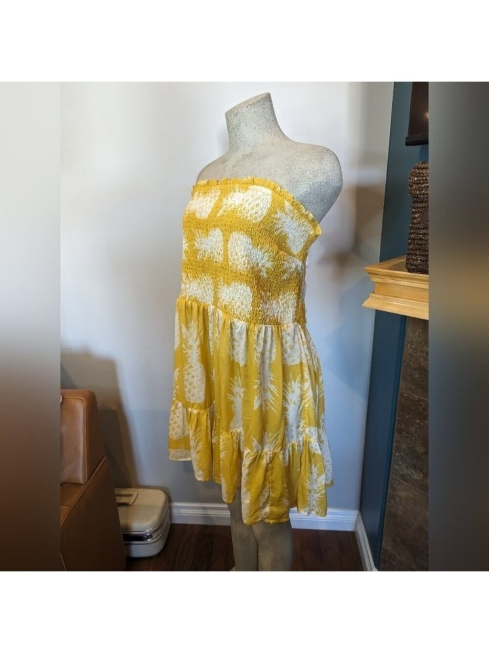 Anthropologie Yellow & White Mini Dress, Pineapple Print removable Straps sz 1x - Picture 15 of 16